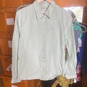 Vintage Talbots Light Green Embroidered 100% Cotton Pleated Shirt Size Large